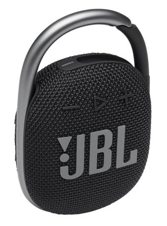 black portable speaker with JbL on the front with silver handle/clip