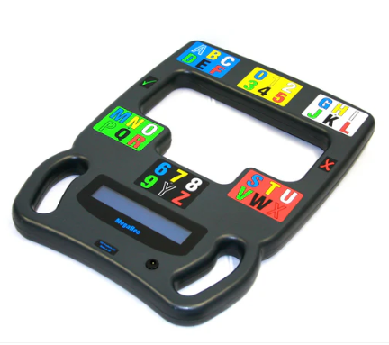 black communicator with colorful stickers featuring the alphabet in blocks