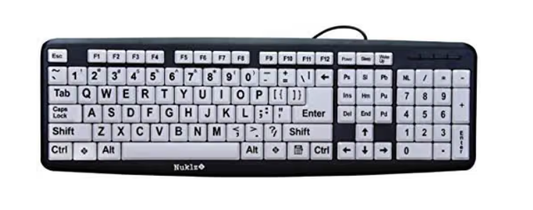 keyboard with white keys and black letters