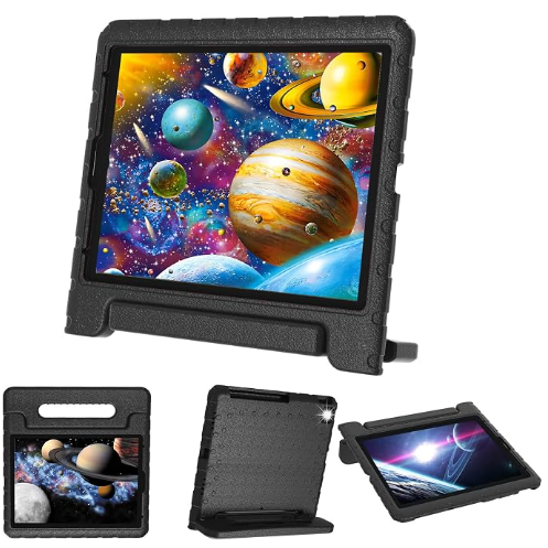 black case on ipad show from front view, side view, and back view. 