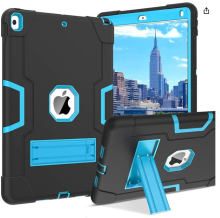 multiple views of a black and blue iPad case