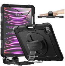 3 views of black case, front angle, back angle and side angle